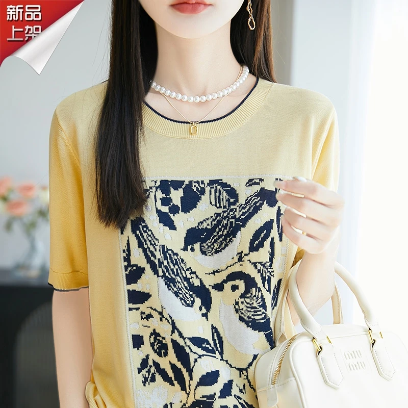 品牌2025夏季新款喜鹊提花圆领针织短袖喜气洋气时尚百搭印花T恤