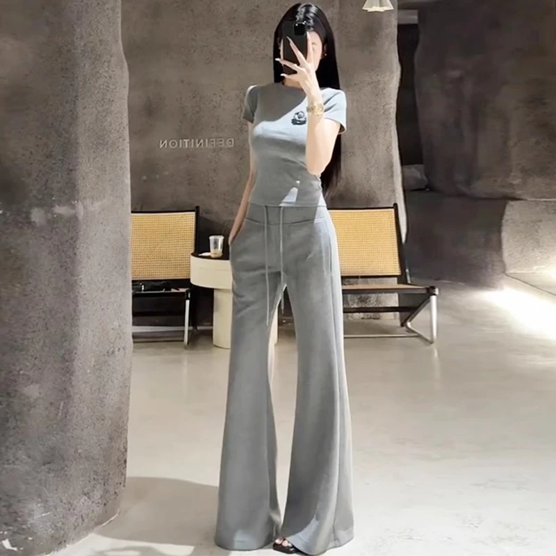 辣妹韩版休闲运动套装女2025夏修身纯欲灰色短袖T恤阔腿裤两件套