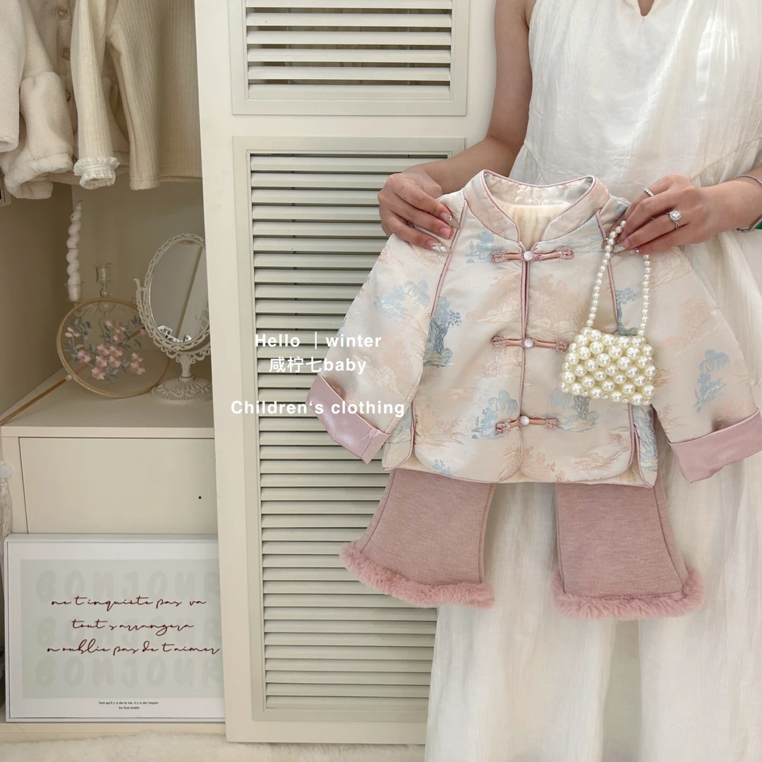 【现】女童新中式唐装套装冬装2024新款儿童国风盘扣外套套装