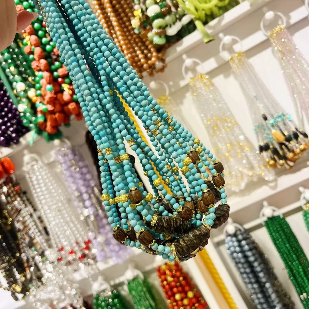 铜合金项链 11916手工湖北十堰松蓝圆珠单圈雕刻吊坠项链