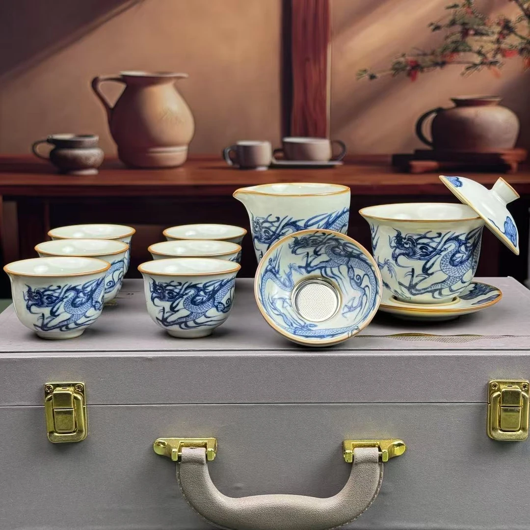 青花龙纹米黄汝窑10件套 T34