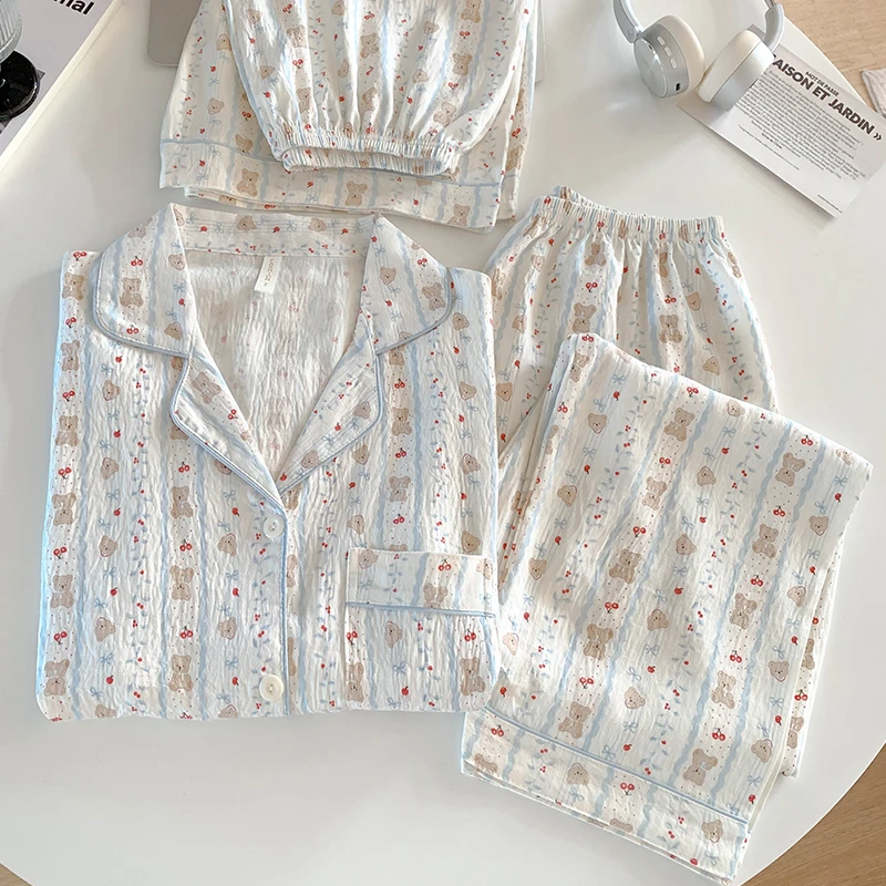 日系睡衣女条纹小熊可爱短袖长裤短裤三件套夏季薄款可外穿家居服