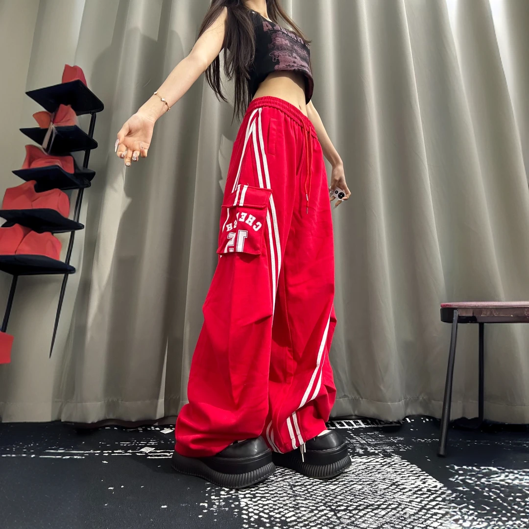 美式拼接牛仔条纹工装裤女运动裤春秋抽绳拖地休闲阔腿裤女款裤子