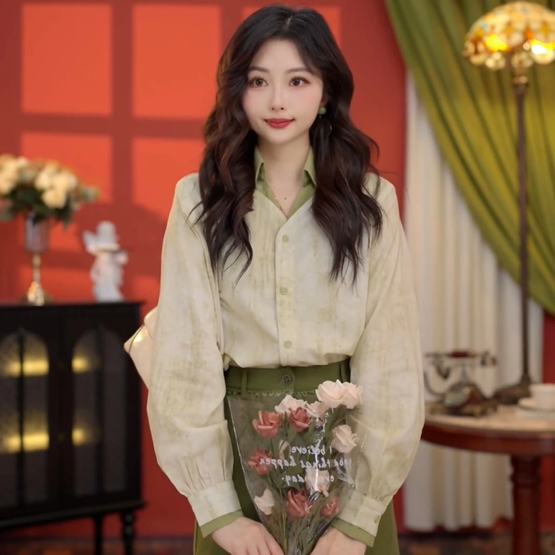 鹿晚不晚【泰兰德薄荷曼】港风纯色衬衫女宽松显瘦上衣LF1102238