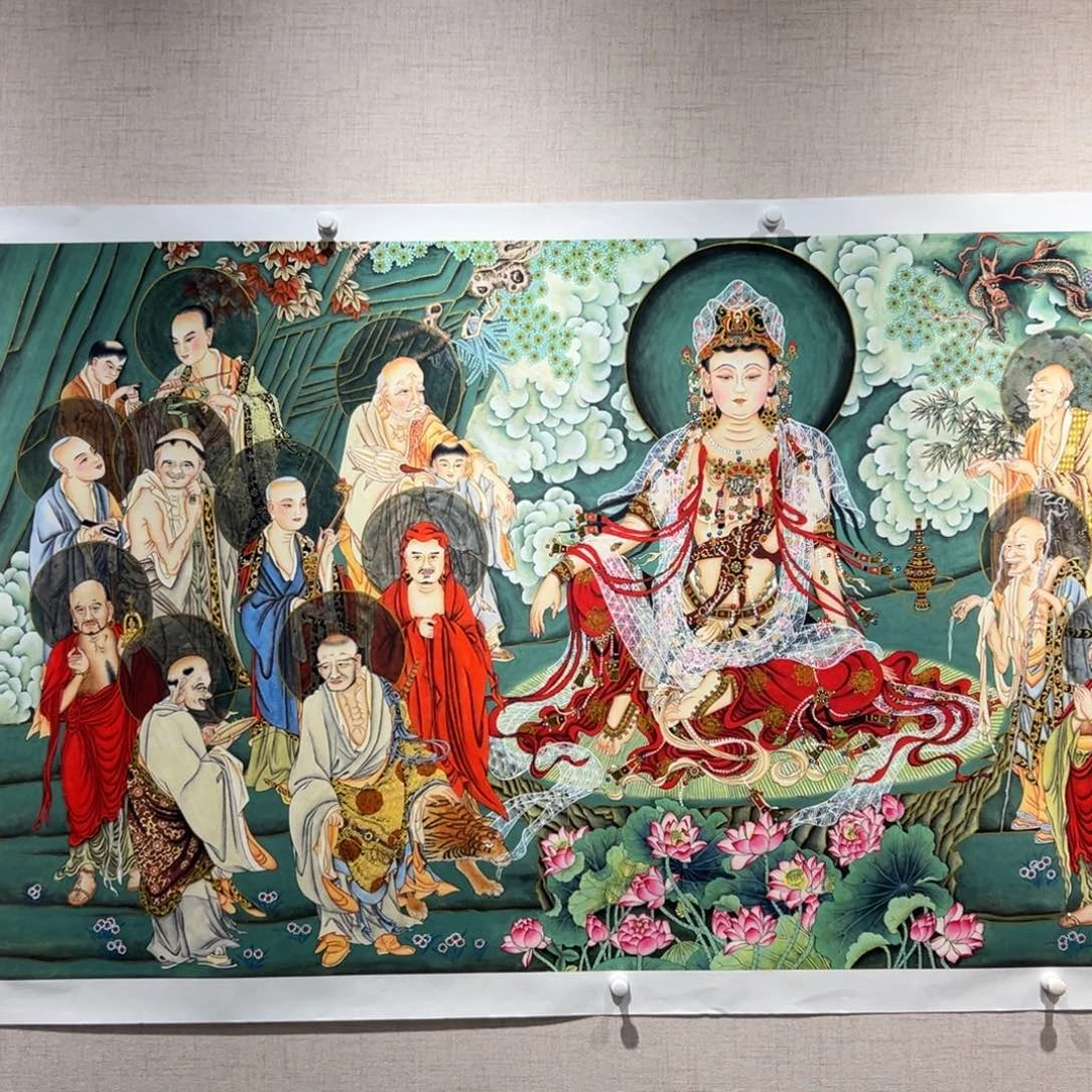 用***8国画李老师十八罗汉拜观音画芯