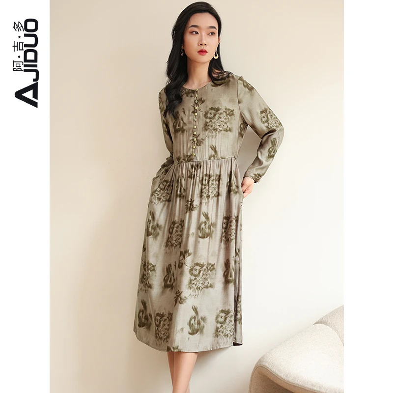 阿吉多长袖印花连衣裙女2025春季新款大码宽松遮肚文艺气质长裙子