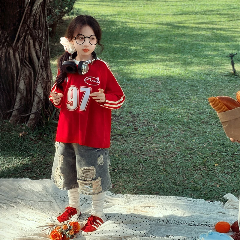 66公主原创 女童T恤长袖中国红儿童潮流运动上衣 25S045