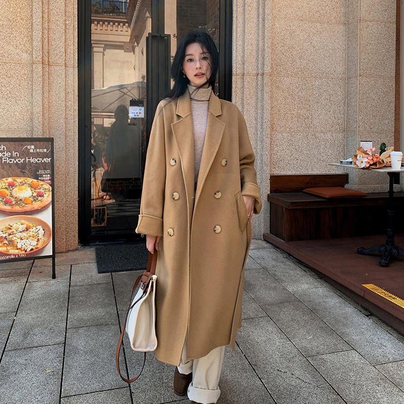 韩系10%羊绒双面呢大衣女士腰带简约女双排扣宽松秋冬羊毛呢外套