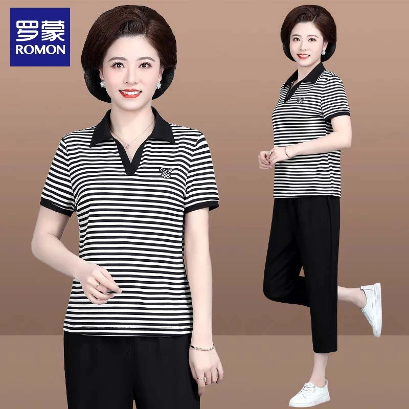 罗蒙夏装短袖运动套装2025新款中老年人女夏季T恤上衣两件套