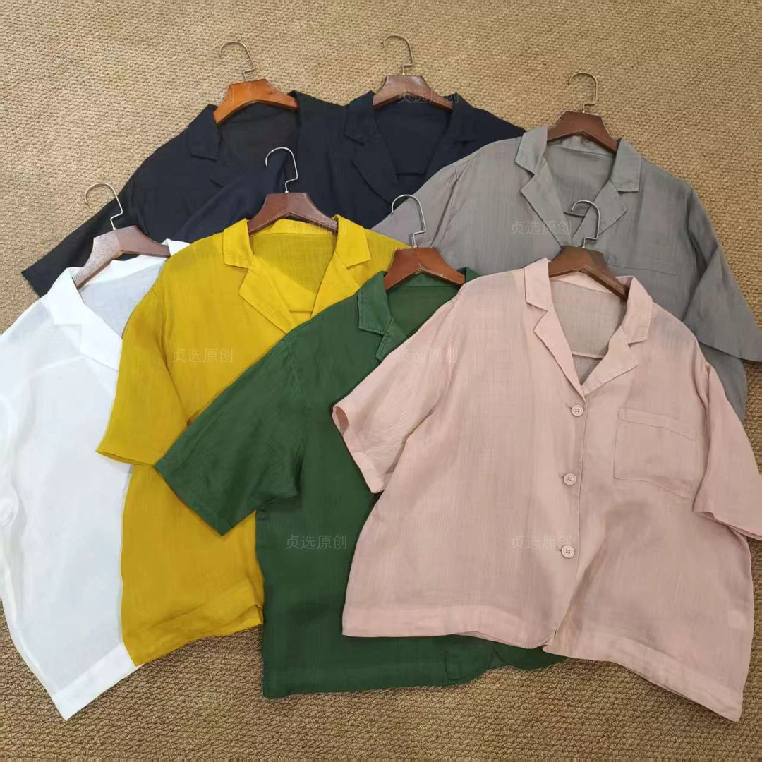 9578-夏季宽松韩版女装苎麻短袖夏款衬衫透气宽松型西装领