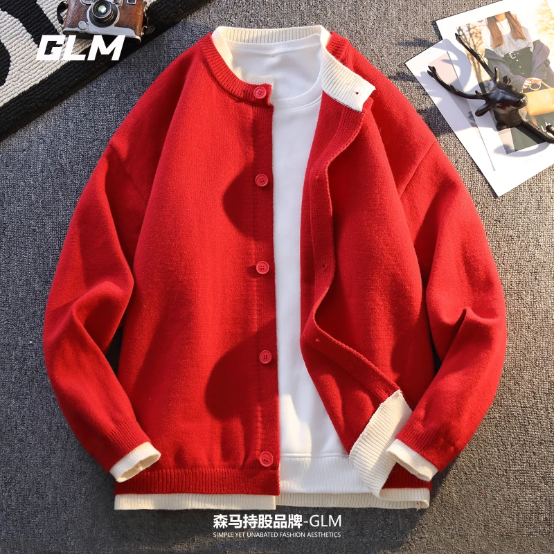 GLM本命年红色毛衣外套男秋冬季潮流撞色假两件时尚保暖圆领开衫