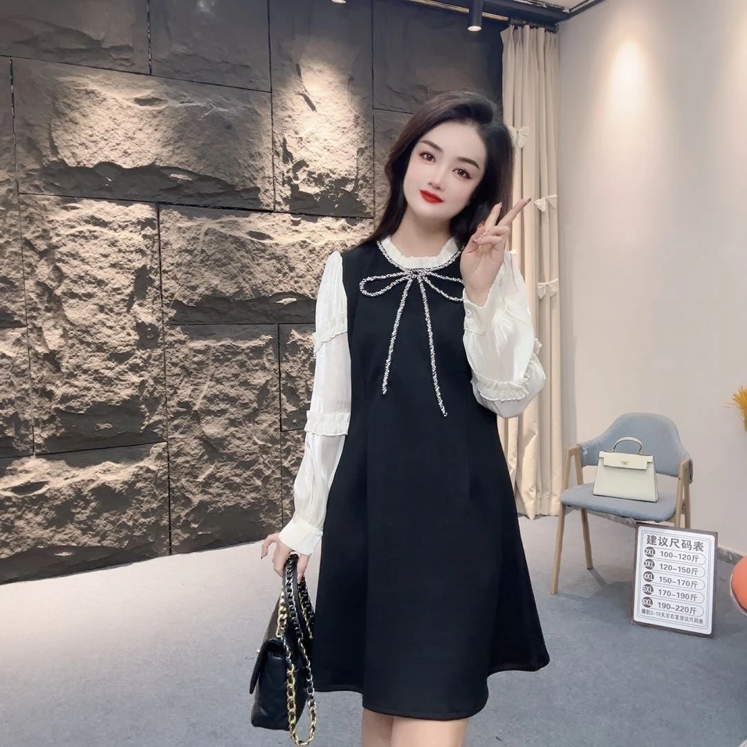 跨年欧货重工蝴蝶结拼接设计大码连衣裙显瘦遮肉假两件