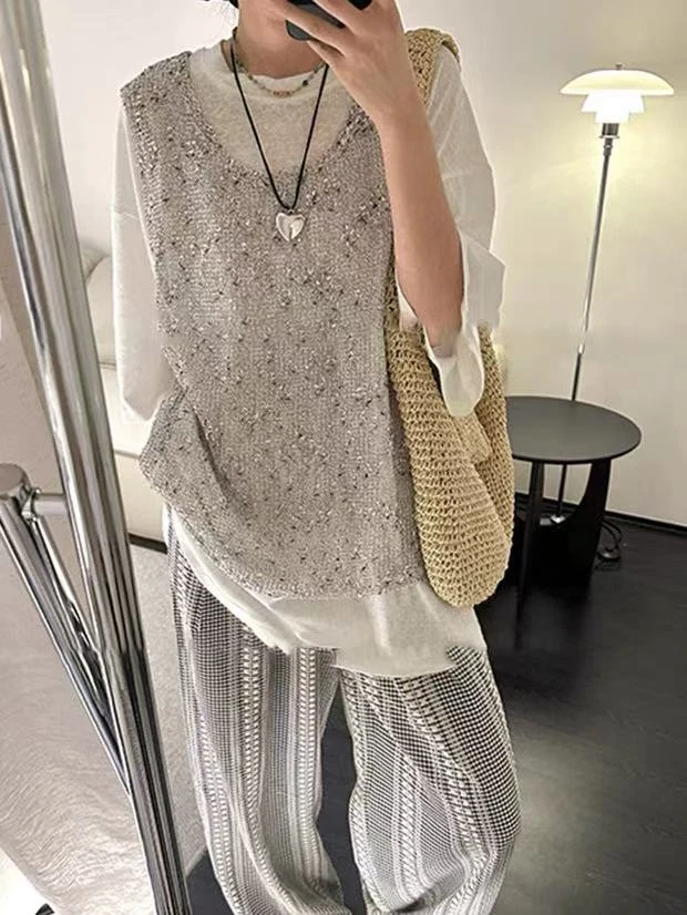 胸130长59宽松立体无袖毛针织衫文艺颗粒休闲套头上衣 9649