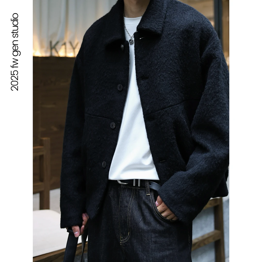 【苏力羊驼毛】黑标冬季高级感宽松衬衫领男士短款毛呢外套J95606