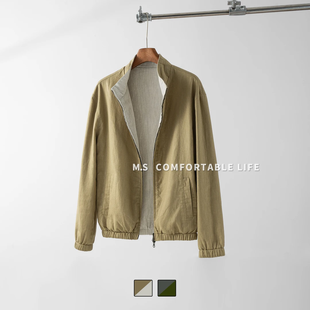 麻尚生活2025秋季双面夹克哈灵顿设计师立领纯色苎麻外套男士上衣