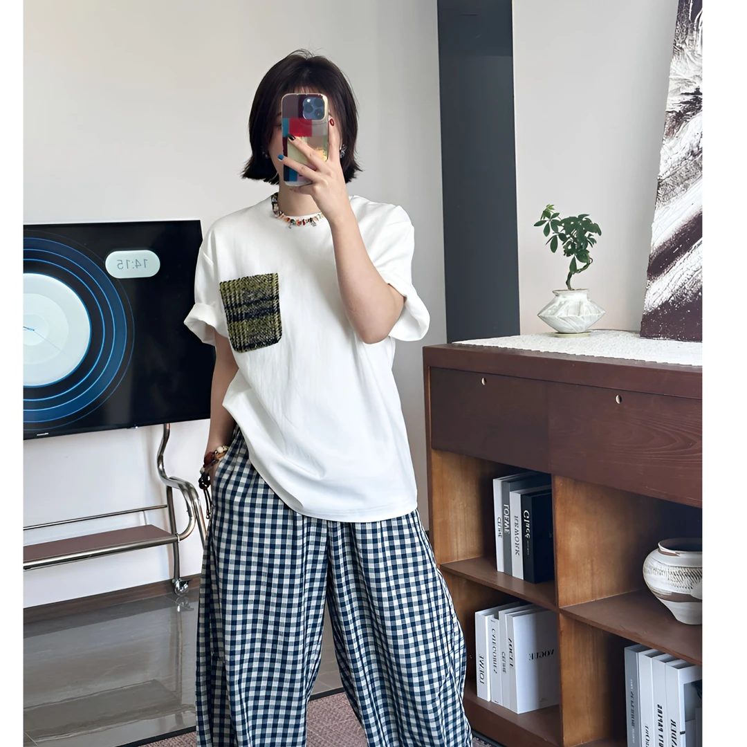 【口袋上衣】撞色单口袋设计圆领宽松短袖T恤 25DX54942