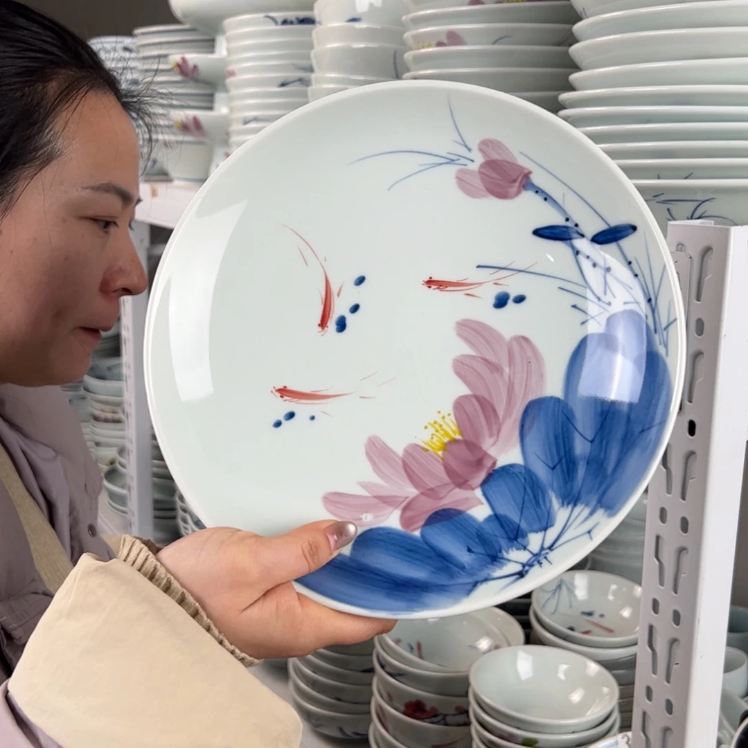 紫***儿微瑕手绘紫荷9.5寸大盘（2只装）预售