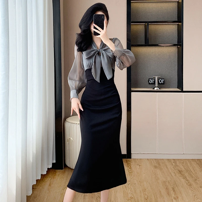 结拼接网纱气质优雅连衣裙女2025秋冬新款韩版修身系带鱼尾裙