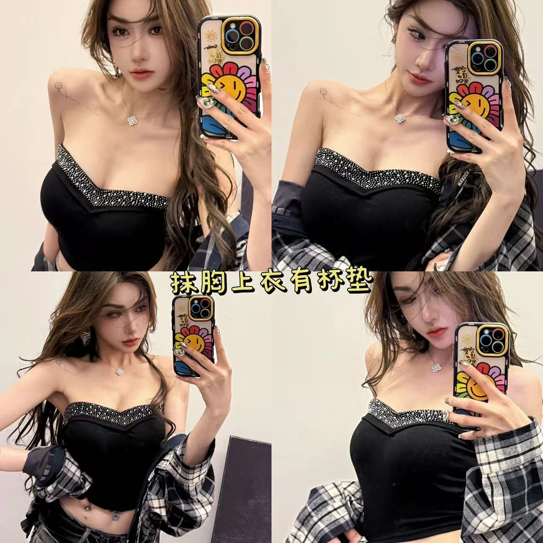 重工镶钻无袖抹胸背心女春夏修身内搭高级感裹胸纯欲打底上衣