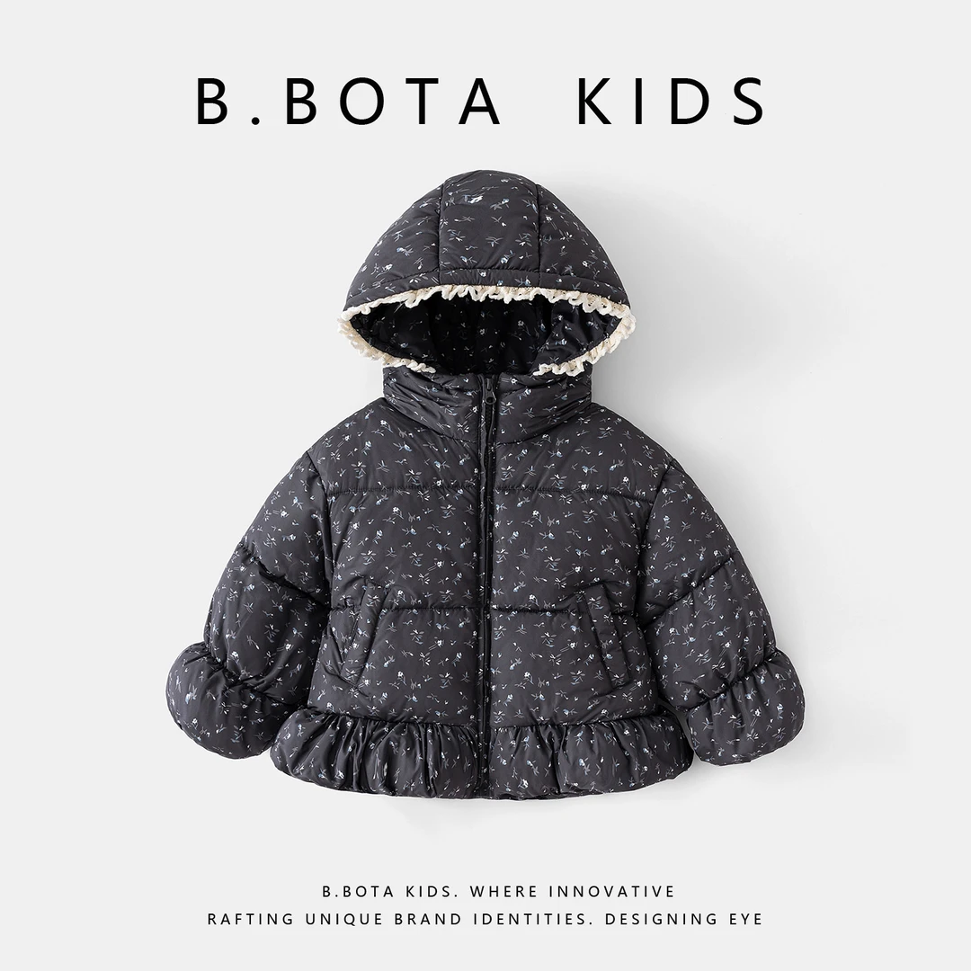 〖姐姐家〗2025冬款儿童碎花带帽蕾丝边休闲外套棉服外套-26005