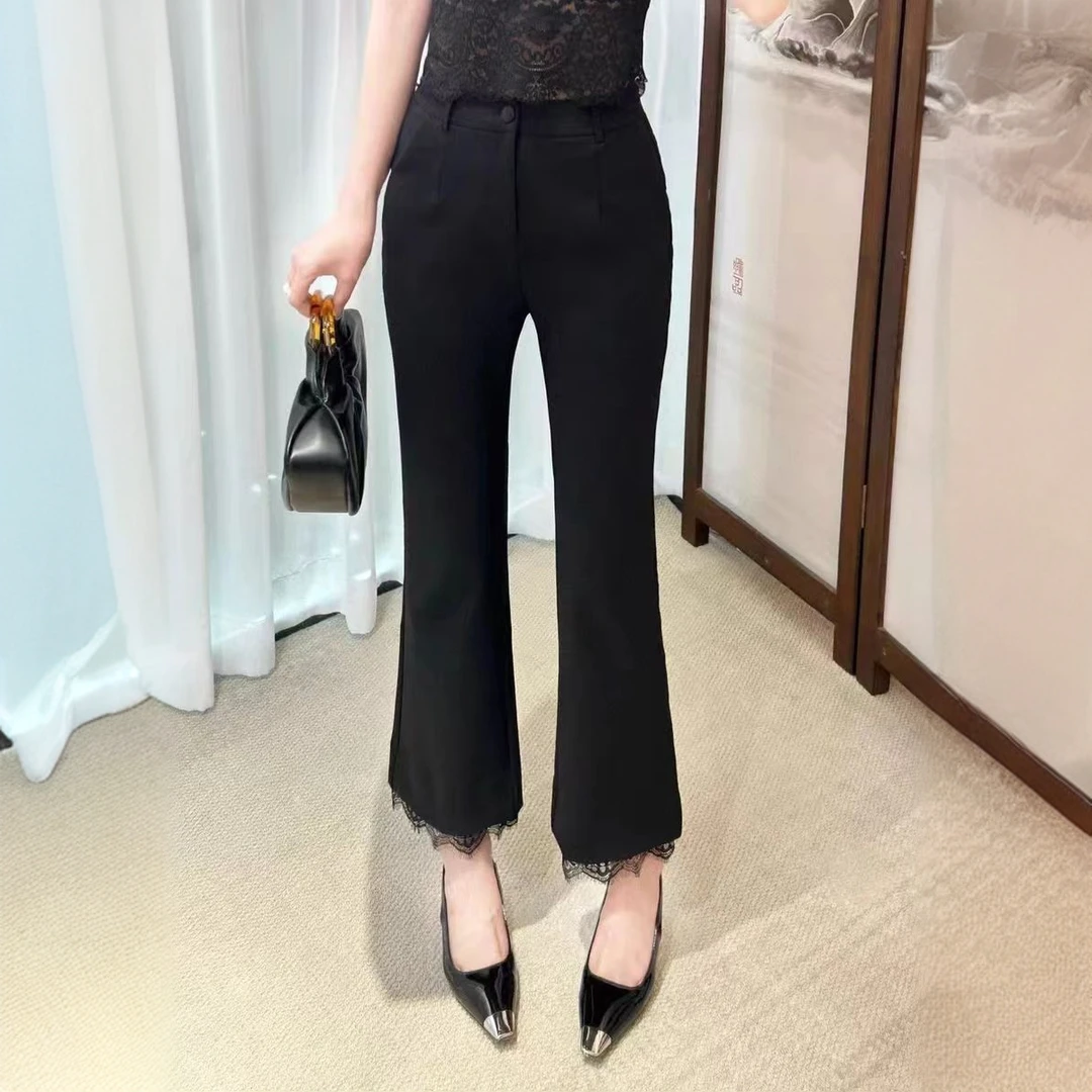 【靓衣园】时尚百搭高腰弹力拉链显瘦蕾丝微喇裤（2523）