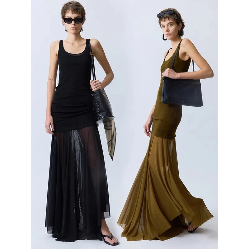 UNICA/SeeThrough叠穿2件套_高质弹力羊毛背心透感网纱伞裙套装