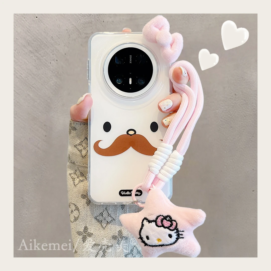 适用华为mate70pro+手机壳透明胡子kt猫mate60pro+表情蝴蝶结手绳