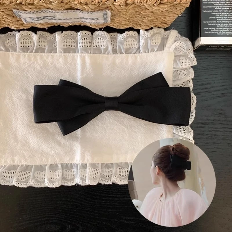 赵露思许妍同款黑色缎面蝴蝶结发夹女法式显脸小鸭嘴夹后脑勺发卡