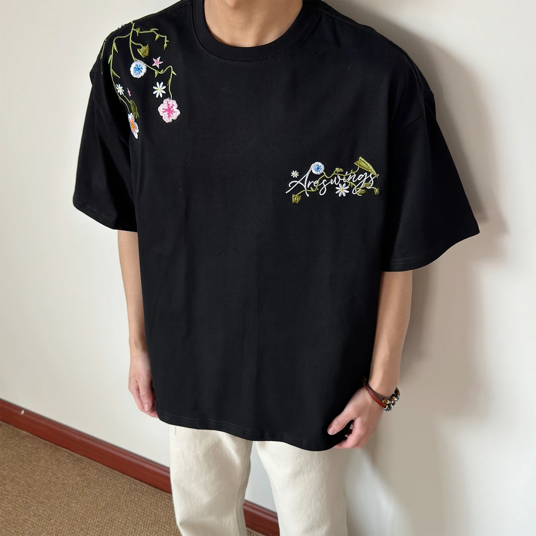 布老哥Blog美式街头撞色花卉刺绣短袖休闲重磅硬挺280克T恤D185