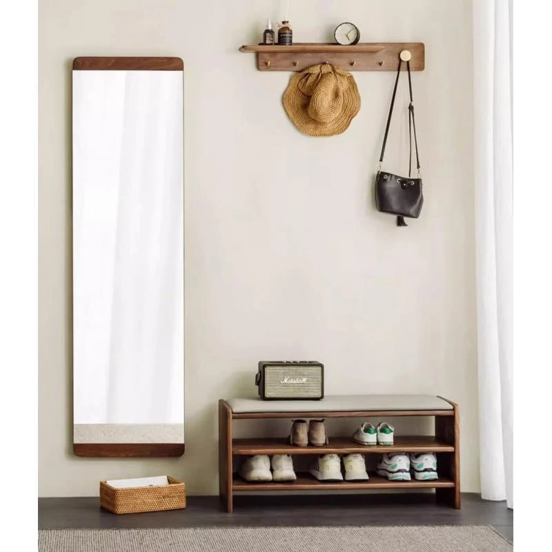 实木换鞋凳家用北欧黑胡桃木客厅穿鞋凳可坐鞋柜带垫凳进门双层凳