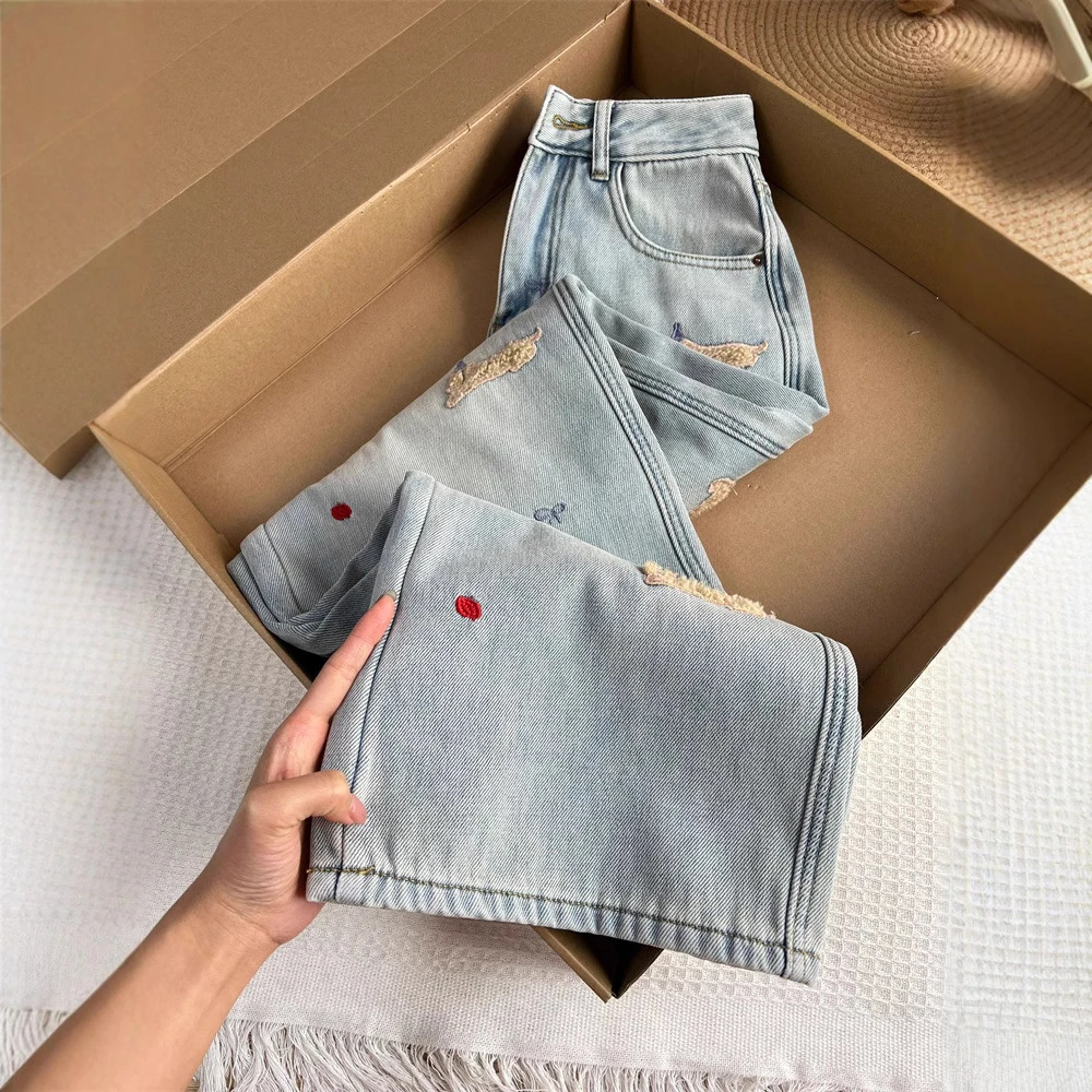 卡通腊肠狗立体刺绣加绒大码阔腿牛仔裤女冬季高腰显瘦胖mm长裤子