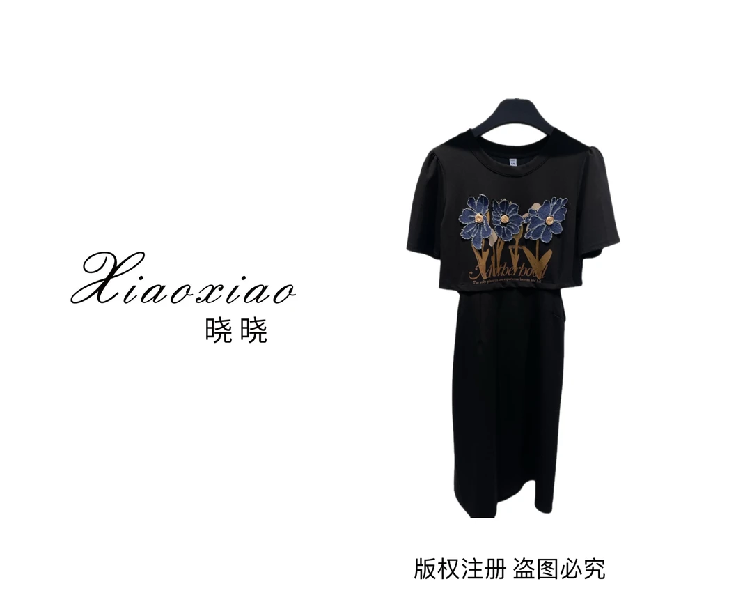 【晓晓女装】A216法式假两件女夏季高级质感显瘦遮肚休闲赫本风