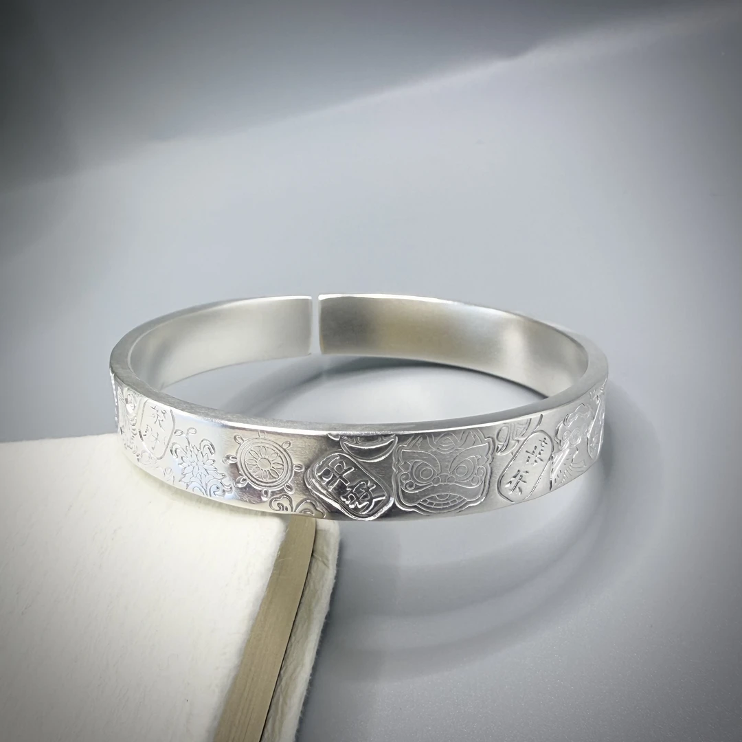 足银手镯 吉言 足银999手工敲打开口手镯