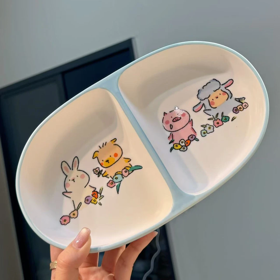 【圆和圈】出口韩国  哑光蓝色小羊两格分餐盘 减脂盘陶瓷餐盘