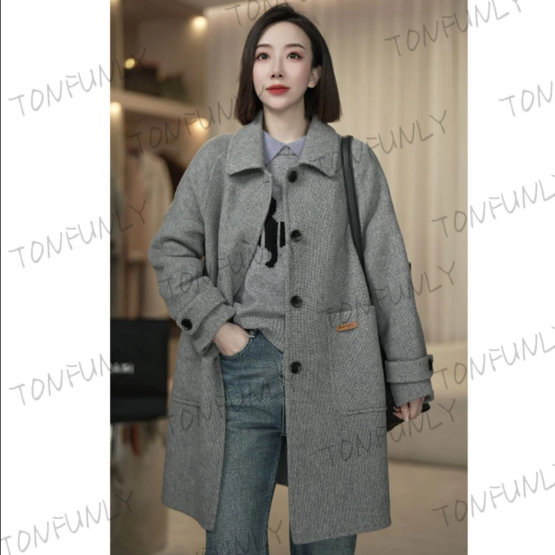 [TONFUNLY]浅灰中长款秋冬新款大衣百搭气质时尚毛呢外套大衣