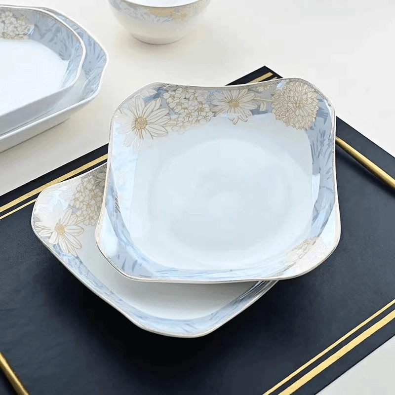 方形田园风不规则盘子植物花卉纯色盘陶瓷饭盘汤盘圆盘碟子家用
