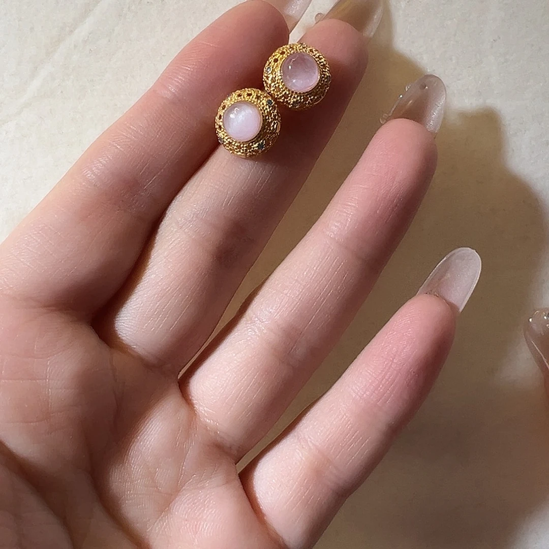 锂辉石耳钉银S925镶嵌粉紫猫眼紫锂辉复古风耳钉