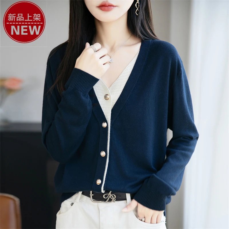 哥弟阿玛施正品拼色V领舒适轻盈日常通勤优雅长袖宽松休闲针织衫