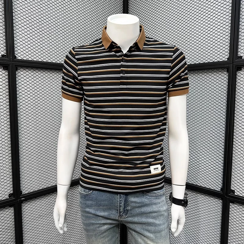 霍科比特夏季休闲时尚潮流帅气百搭透气条纹修身男士翻领polo衫