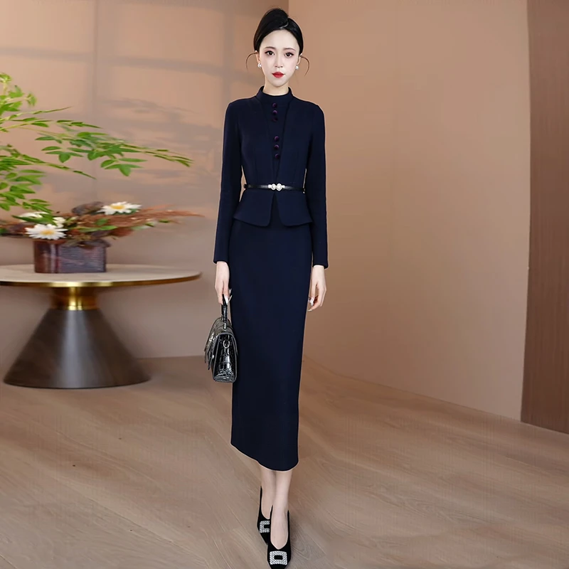 假两件加厚毛呢连衣裙女2025秋冬显瘦气质时尚裙子修身藏蓝色长裙