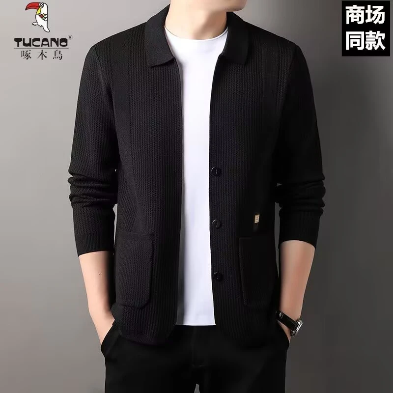 啄木鸟高档针织开衫秋冬新款纯色翻领休闲中年男士毛衣百搭外穿潮