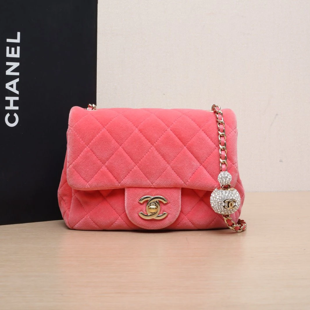 99新 Chanel/香奈儿 【双攀】CF口盖包方胖子粉色丝绒30开580157