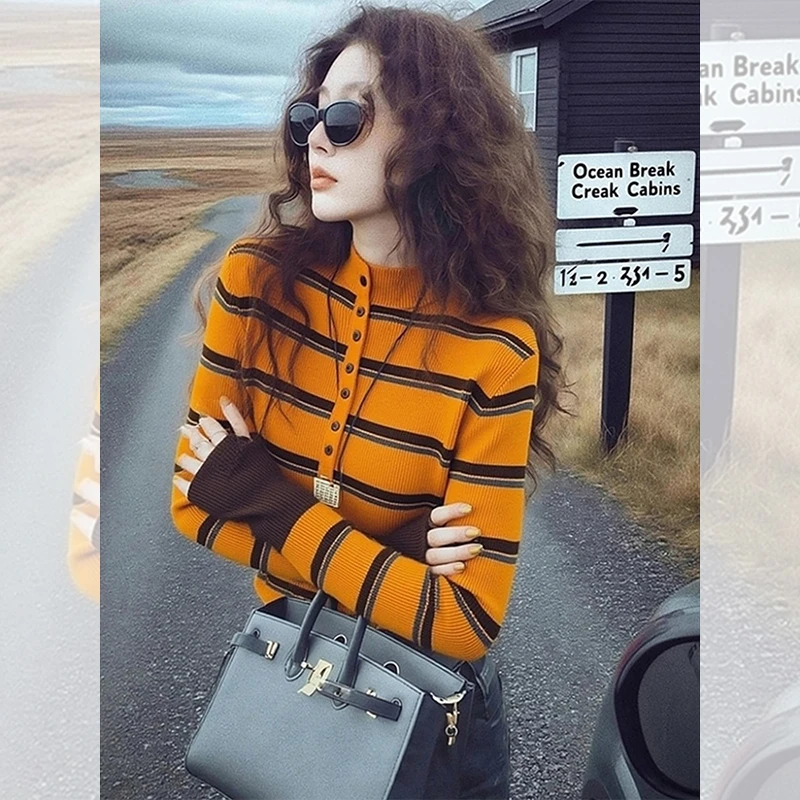 别致独特漂亮内搭半开领小衫橘色条纹针织衫洋气高贵上衣女装秋冬