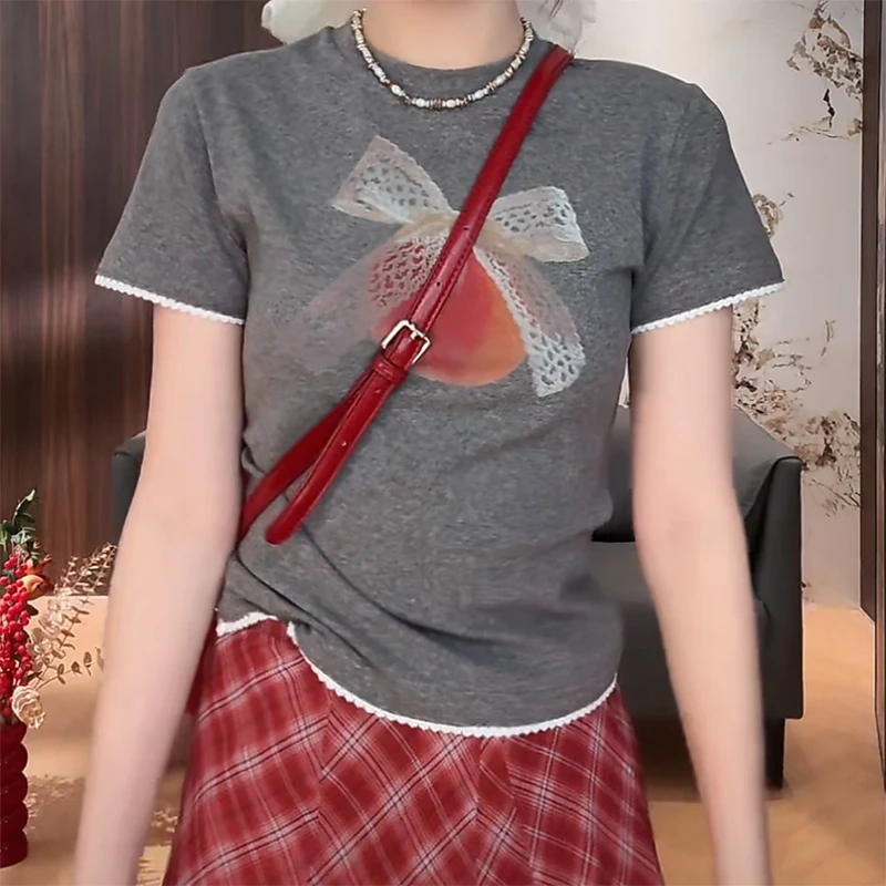 设计感苹果蝴蝶结短袖T恤女装2025夏季新款时尚显瘦百搭通勤上衣