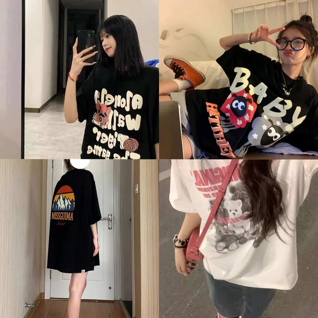 特大码2-300斤卡通印花2025新款半袖上衣潮100%重磅纯棉短袖女T恤