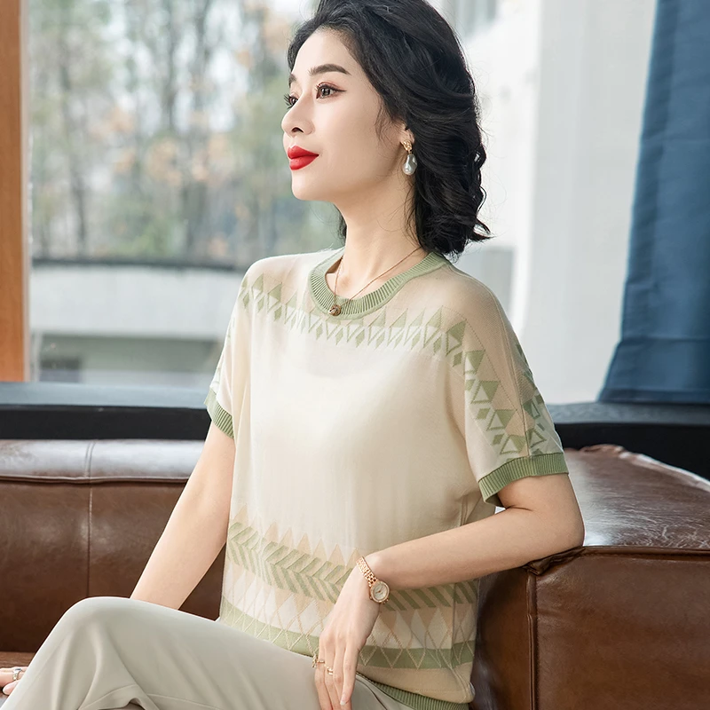 年轻妈妈夏季新款洋气圆领针织小衫中老年女夏装时尚薄款减龄上衣