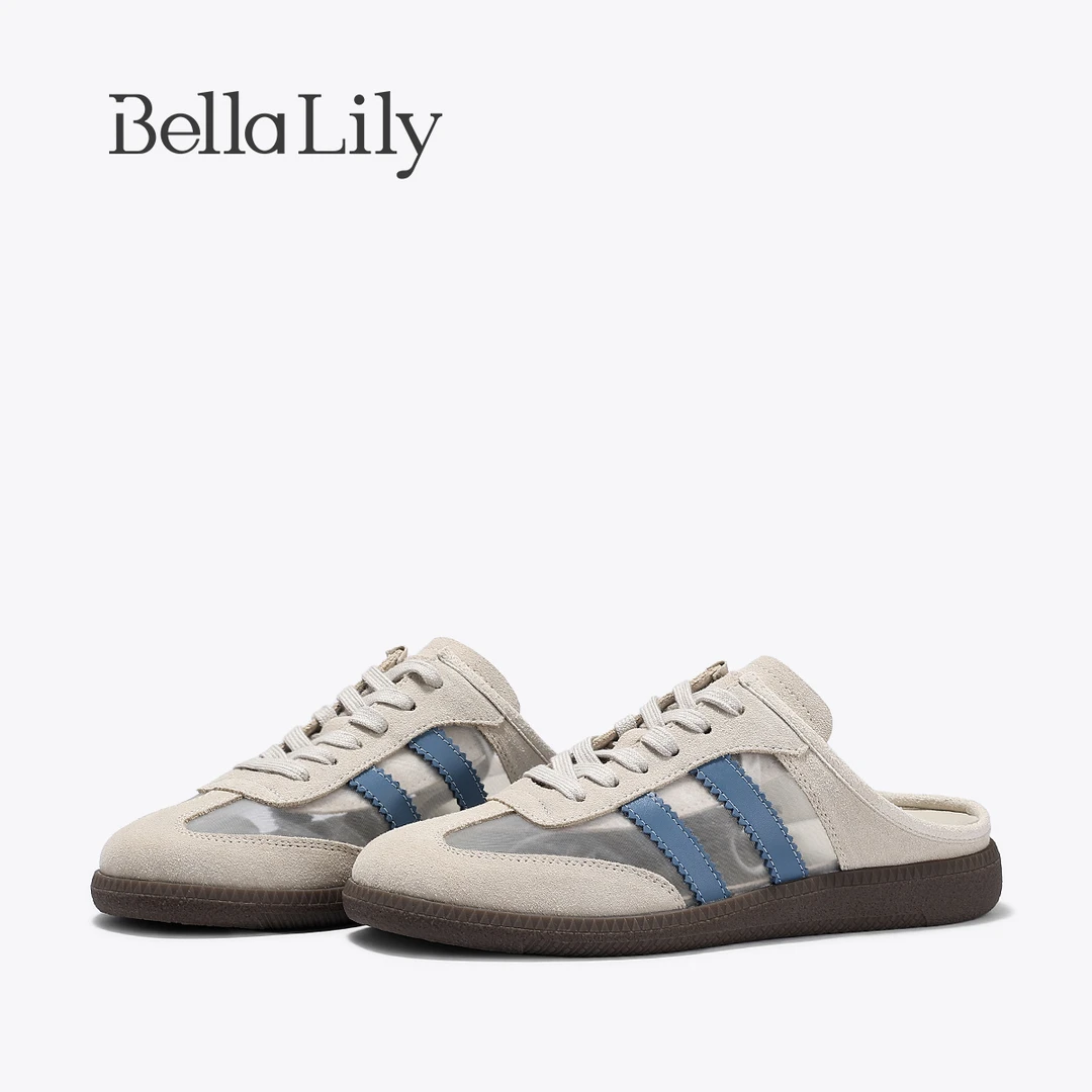 BellaLily2025夏季新款透气网面半拖德训鞋女板鞋一脚蹬休闲潮鞋