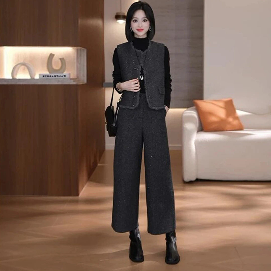 拉夏贝尔高级感套装女2025春秋洋气显瘦打底衫马甲+阔腿裤三件套