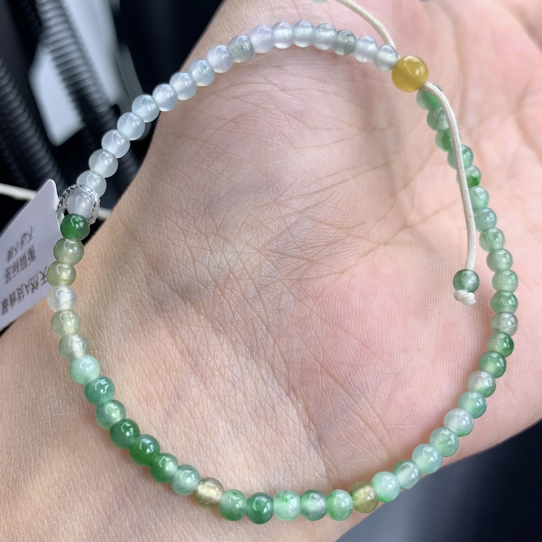四会缅甸A货翡翠冰种飘花绿色小米珠圆珠手链手串T/3.4mm