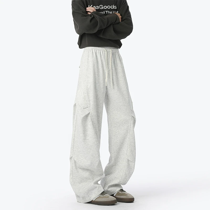 重磅白色褶皱工装裤男春秋季美式设计感拼接阔腿裤高街百搭休闲裤